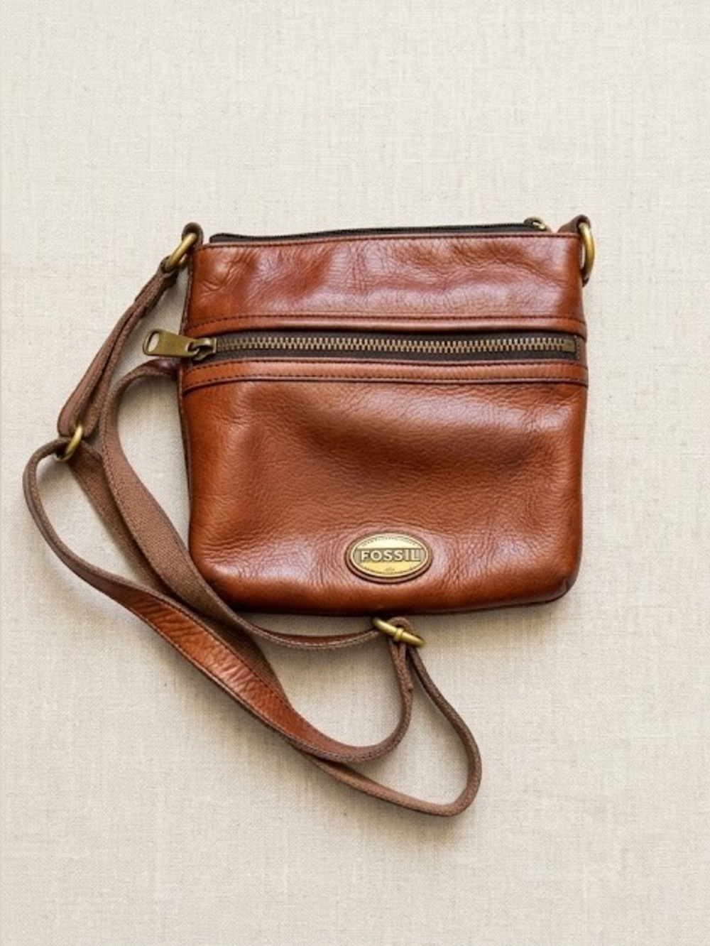 Fossil Mini Explorer Cognac Brown Leather Crossbody Bag